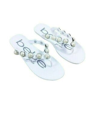 Bebe Shoes White Pearl Embellished Flip Flop Sandals NWOT Size M 13/1